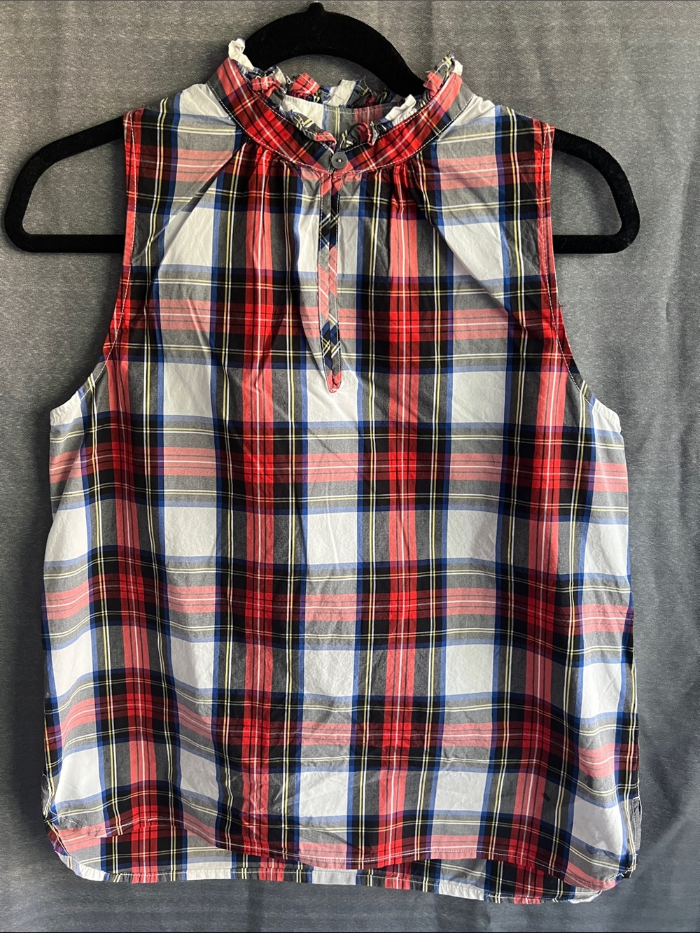 J. Crew Red Navy Plaid Sleeveless Ruffled Neck Blouse size 4 cotton